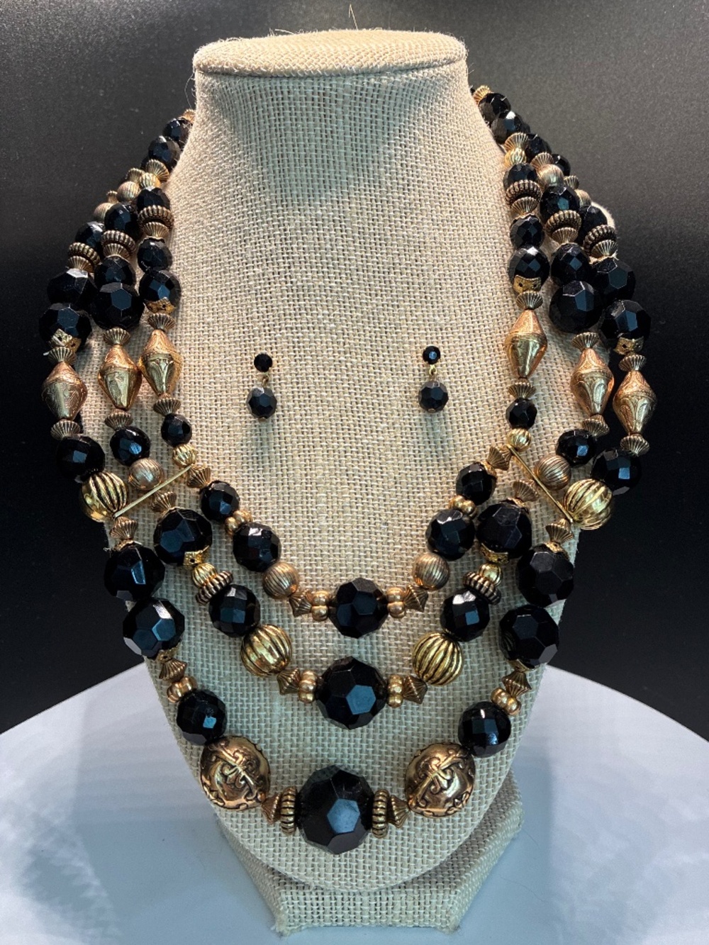 Vintage Chunky Black Gold Triple Bead necklace and earrings set